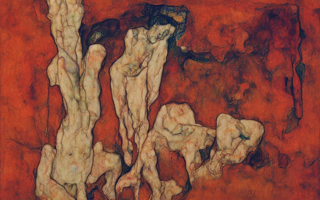 Prompt: a painting by egon schiele with influence of zdzisław beksinski