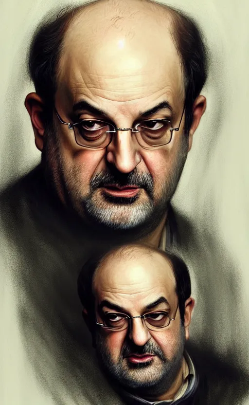 Image similar to portrait of salman rushdie in the dark, deep focus, blade runner 2 0 4 9, fantasy, intricate, elegant, highly detailed, digital painting, artstation, concept art, matte, sharp focus, illustration, art by artgerm and greg rutkowski and alphonse mucha