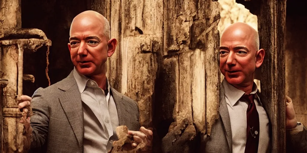 Prompt: film frame of jeff bezos taking a trasure from an ancient temple. indiana jones style 4 k quality rule of thirds jeff bezos dressed as indiana jones detail cinematic color grading by christopher nolan. portrait photography. close shot