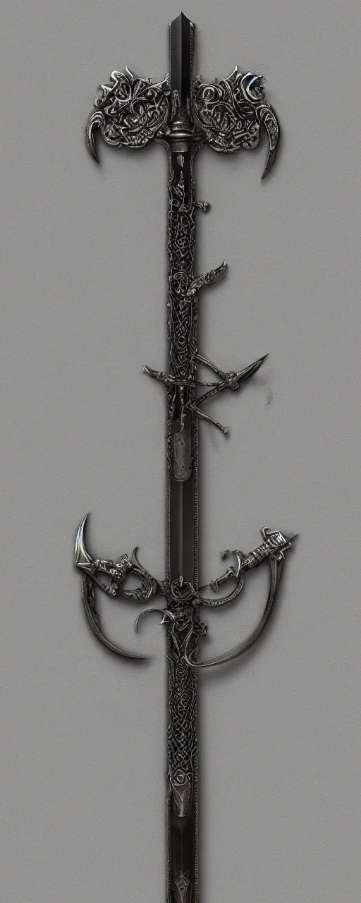Image similar to sword of justice hanging on a wall, ornate gem in pommel, engraved blade, serrated point, herringbone floor, low angle, museum display, greg rutkowski