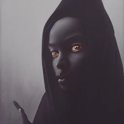 Image similar to a portrait of a young black woman wearing a long dark cloak, hood and shadows covering face, anatomically correct, beautiful perfect face, enigmatic, oil painting, matte painting, black background, Volumetric Golden dappled dynamic lighting, Highly Detailed, Cinematic Lighting, Unreal Engine, 8k, HD, by Beksinski