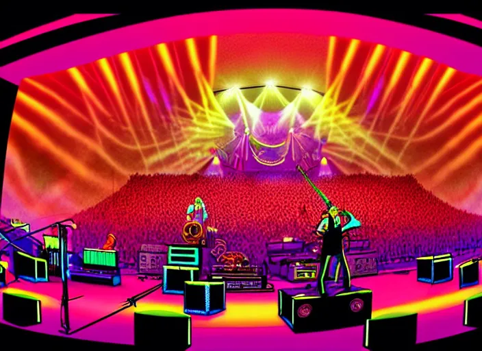 Prompt: members of the band tool performing on stage at a very large concert venue, colorful,modern, disney poster, detailed,