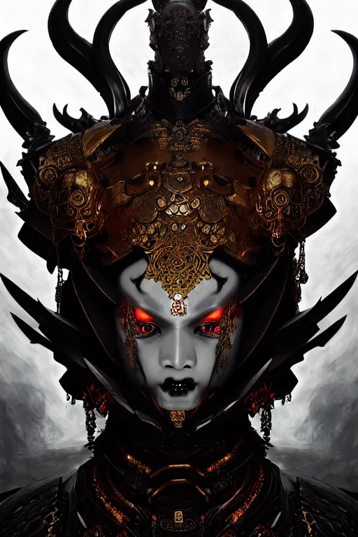 Image similar to asura from chinese myth, ghost, luxurious armor mixed with leather and metal, gothic diablo art, rococo art, cyberpunk, mecha, halfturn portrait of a big crystal face made of crystals half - turn, ominous, intricate, studio, art by anthony macbain + greg rutkowski + alphonse mucha, concept art, 4 k, sharp focus