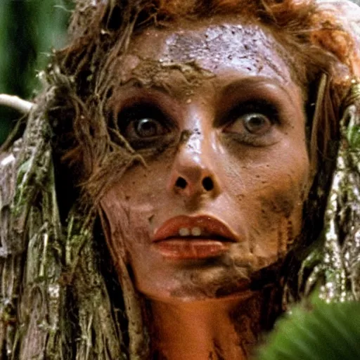 Image similar to cinematic still of sophia loren, covered in mud and watching a predator in a swamp in 1 9 8 7 movie predator, hd, 4 k