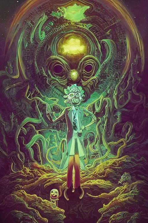 Image similar to rick and morty as the thing fused with lovecraft, high details, intricate details, renaissance style, painting by vincent di fate, artgerm julie bell beeple, 80s, Smooth gradients, High contrast, depth of field, very coherent symmetrical artwork