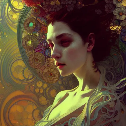 Image similar to An extremely psychedelic portrait, surreal, LSD, face, detailed, intricate, elegant, lithe, highly detailed, digital painting, artstation, concept art, smooth, sharp focus, illustration, art by Krenz Cushart and Artem Demura and alphonse mucha