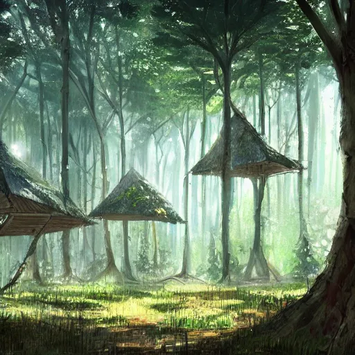 Prompt: concept art painting of a forest with treehouses made of trees and roots, treehouses inside trees, vines, deep forest, realistic, detailed, cel shaded, in the style of makoto shinkai and greg rutkowski and james gurney