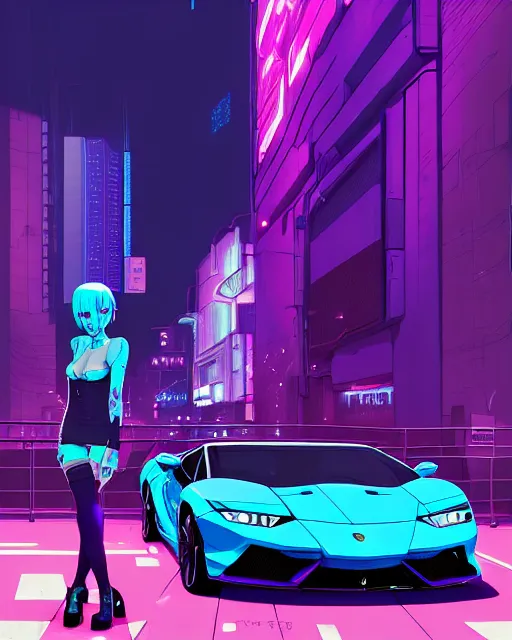 Image similar to digital illustration of cyberpunk pretty girl with blue hair, standing in front of a purple lamborghini, in city street at night, by makoto shinkai, ilya kuvshinov, lois van baarle, rossdraws, basquiat