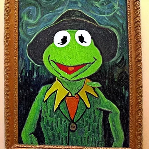 Image similar to Kermit the Frog, Van Gogh portrait, painting, detailed, visible brush strokes