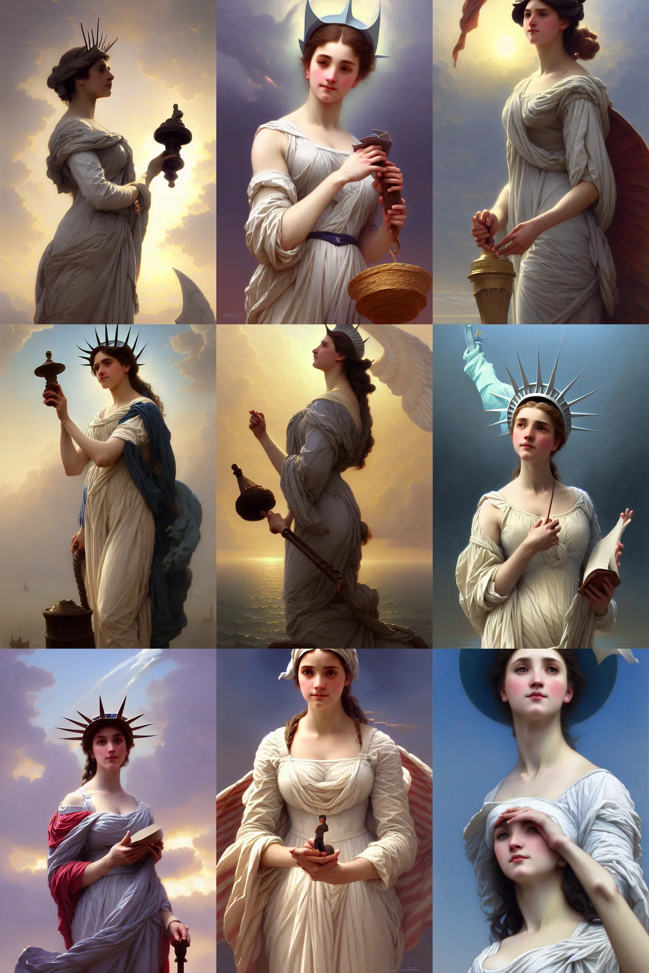 Prompt: depiction of miss liberty, illustration by mandy jurgens and william adolphe bouguereau, artgerm, 4 k, digital art, surreal, highly detailed, artstation, digital painting, concept art, smooth, sharp focus, illustration by mandy jurgens and william adolphe bouguereau