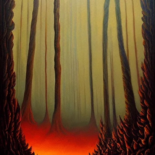 Prompt: a painting of a fire in a forest, a matte painting by Jeffrey Smith, deviantart, fantasy art, apocalypse landscape, apocalypse art, airbrush art