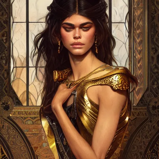 Image similar to Kaia Gerber as Cleopatra, intricate, elegant, highly detailed, digital painting, artstation, concept art, smooth, sharp focus, illustration, art by artgerm and greg rutkowski and alphonse mucha