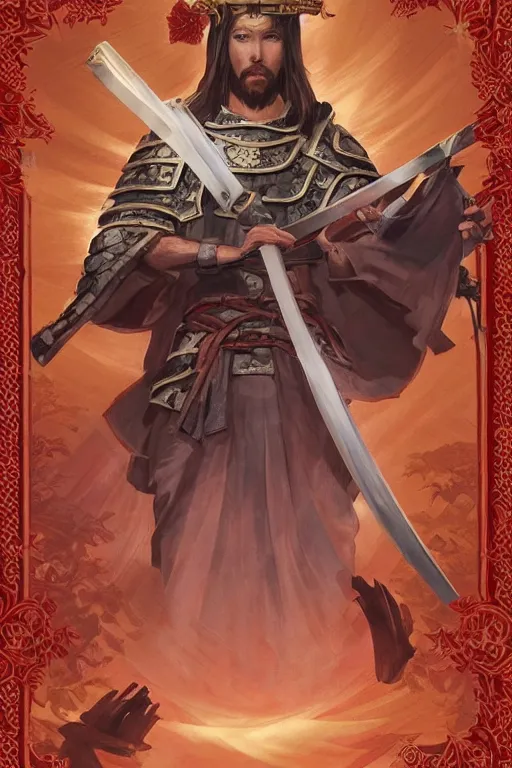 Image similar to A card with description and status of samurai Jesus Christ holding a Sacred Heart armor and katana, card game, card, trade card game, Artifact Dota2, by Stanley Artgerm Lau, WLOP, Rossdraws, James Jean, Andrei Riabovitchev, Marc Simonetti, Yoshitaka Amano, ArtStation, CGSociety,