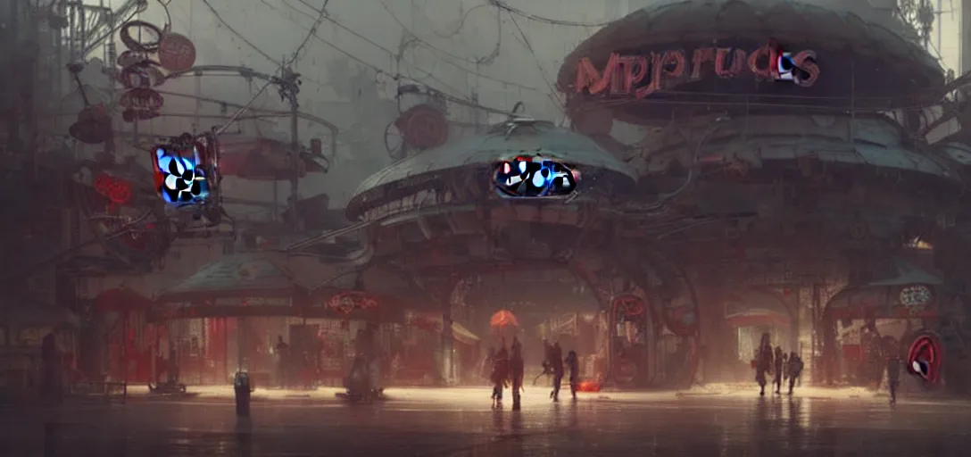 Image similar to close - up of old cyborgs exploring small town cyperpunk amusement, mcdonalds sign, big top circus tent, highly detailed, nightmare, japan, digital painting, concept art, matte, art by ruan jia and wlop and greg rutkowski and makoto shinkai, masterpiece