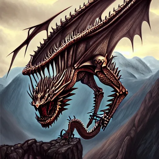 Prompt: skeleton dragon watching the world underneath, mountains, d & d, fantasy, intricate, elegant, highly detailed, digital painting, artstation, concept art, smooth, sharp focus, illustration, art by artgerm and dragolisco