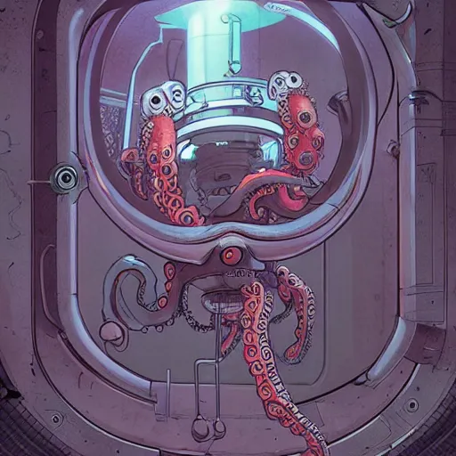 Prompt: robotic Octopus in an airlock, Industrial Scifi, cyberpunk, detailed illustration, character portrait, by Martin Grip and Moebius