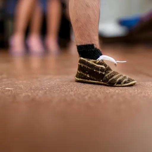 Image similar to a tiny man living inside a dirty womens shoe