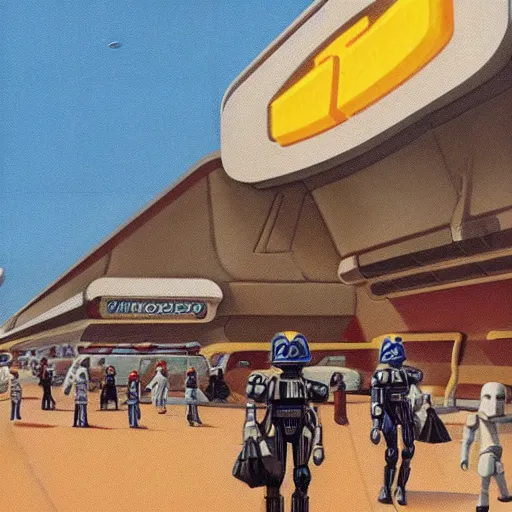 Image similar to intricately detailed ralph mcquarrie concept art of a futuristic mcdonalds with the golden arches displayed. a space station is seen off in the distance with various droids and people walking in the foreground. a trooper is seen holding a brown mcdonalds bag.