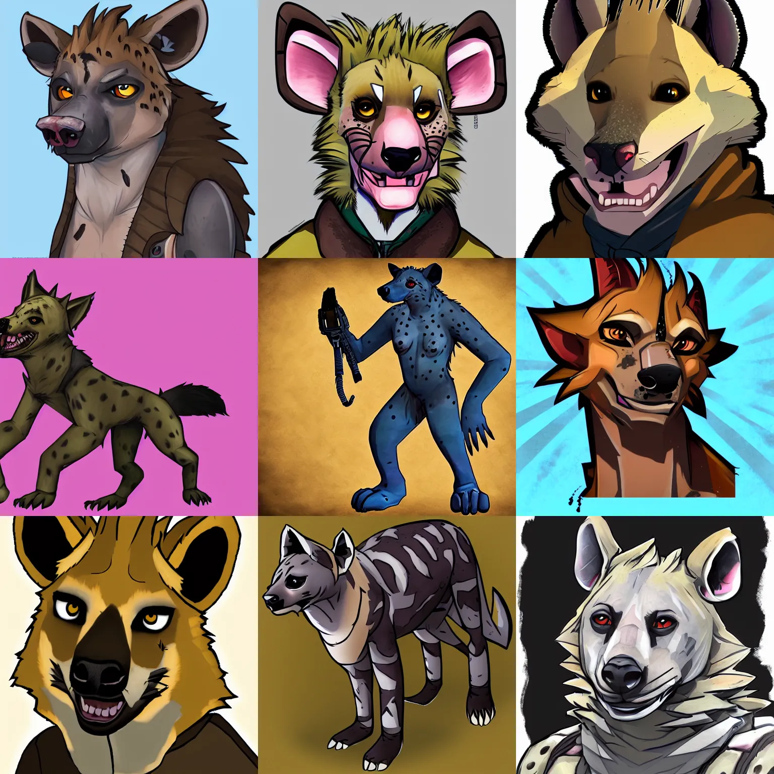 Prompt: illustration of a male hyena fursona ( from the furry fandom ), borderlands style
