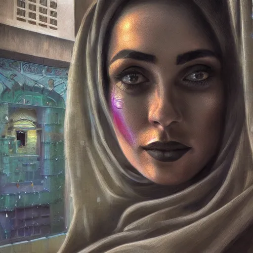 Image similar to detailed face of an arabic woman, terrazzo courtyard, moment, tectonic sky, skydome, reactor, utopian, tech noir, wet reflections, prism, atmospheric, ambient, pj crook, syd mead, livia prima, artgerm, greg rutkowski, nick alm, casey baugh