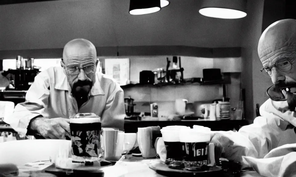 Image similar to 3 5 mm film still, walter white having a coffee break in space