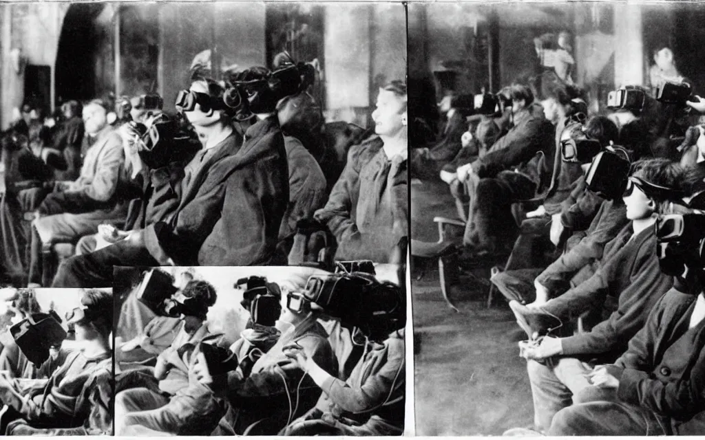 Image similar to 1 9 0 0 s photo of people using iphones ipods virtual reality headsets vr watching hd tv in a movie theater