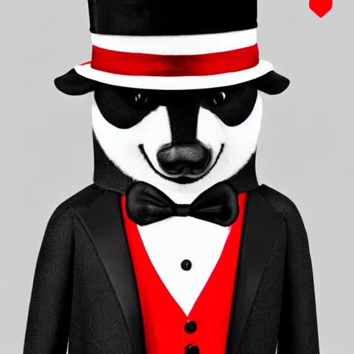 Image similar to badger wearing black tuxedo, red tie and a black tophat with a white stripe