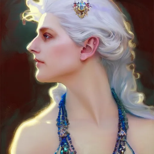 Prompt: a beautiful white haired young woman, adorned with precious stones, tiara and necklace by jeremy mann and alphonse mucha, photo realistic, dynamic lighting, windy, artstation, poster, dreamy, volumetric lighting, ethereal, 4 k, high detail