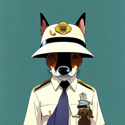 Image similar to dog as a mall cop, wearing a fun hat, makoto shinkai ghibli takashi takeuchi yoshiyuki sadamoto jamie wyeth james gilleard greg rutkowski chiho aoshima