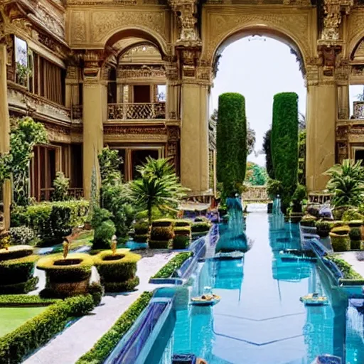 Prompt: a grand and opulent palace, with intricate architecture and lush gardens