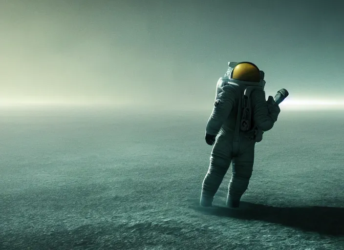 Image similar to astronaut holding a flag in an underwater desert. a submarine is visible in the distance. dark, concept art, cinematic, dramatic, atmospheric, 8 k, trending on artstation, blue, fish, low visibility, fog, ocean floor, christopher nolan, interstellar