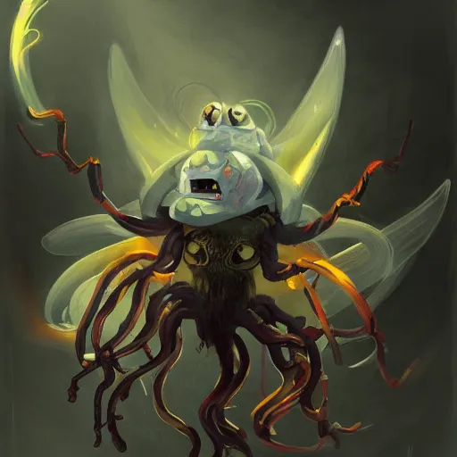 Prompt: illustration of a demon spirit of gambling with six spindly arms, wearing a dark cult robe, and sporting a cube shaped head sporting a razor smile, trending on art station, very detailed, haunting, fine detail, intricate, art by peter mohrbacher