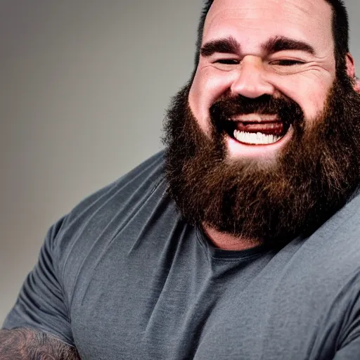 Prompt: big burly hairy strongman smiling at the camera with his arms crossed, photography
