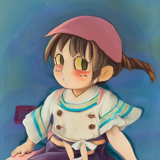 Image similar to little girl, sailor suit, artwork in made in abyss art style, inspired in balthus, clean details, baby color palette, candy, anatomically proportional