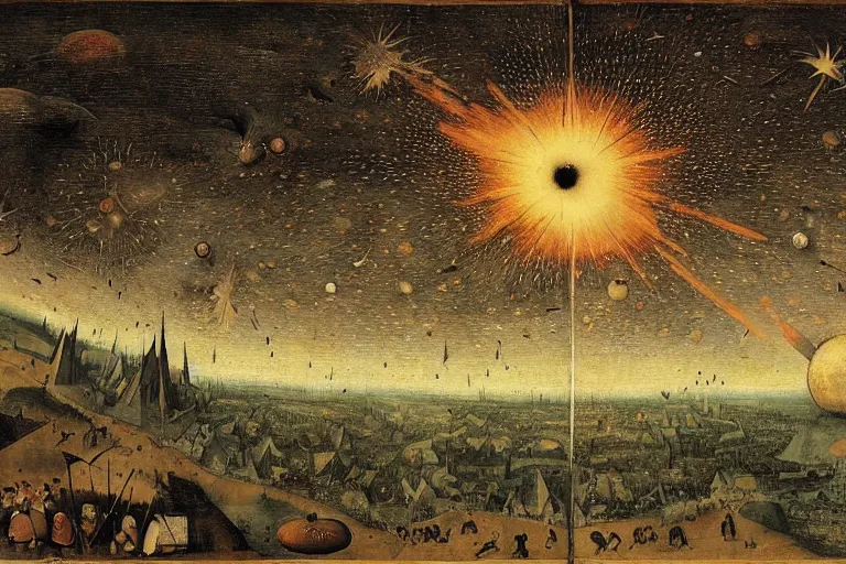 Image similar to a monstrous shooting star that is about to destroy the earth and the whole universe, by pieter bruegel,