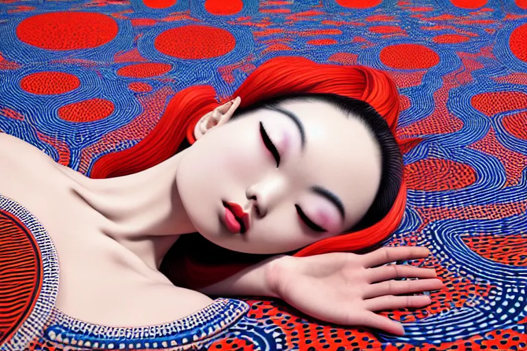 Image similar to hyperrealistic detailed image of a geisha laying in a art installation by yayoi kusama, part by kei mieno, part by alex gray, part by ross tran, part by james jean, ultra realistic, highly detailed, life like face, detailed body, 8 k, unreal engine 5, very cohesive