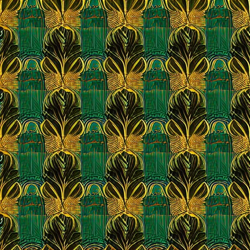 Prompt: symmetry, repeating pattern. seamless gold green leaf. wall paper. art deco with inspiration from mucha