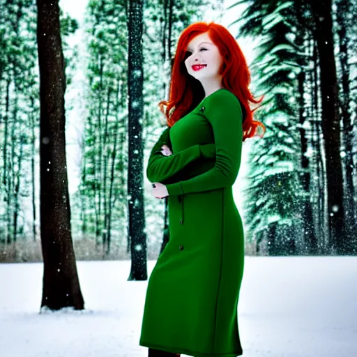 Image similar to redhead women in a green dress, with pockets, photorealistic, winter scenario