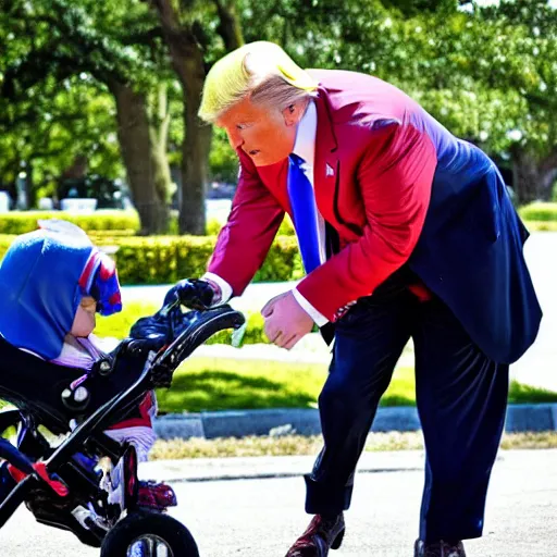 Prompt: highly detailed, award winning photograph of donald trump stealing candy from a baby in a stroller in front of the lincoln monument