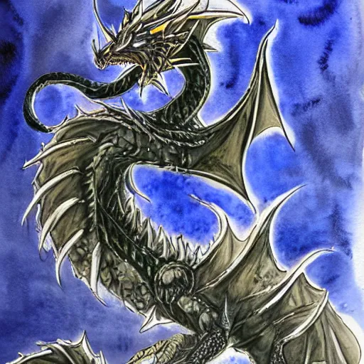 Prompt: watercolour fantasy of a black dragon