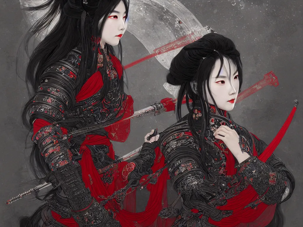 Prompt: portrait dark grey hair han so hee female samurai, wearings black and red samurai armor, at jaapnese temple night, ssci - fi and fantasy, intricate and very very beautiful and elegant, highly detailed, digital painting, artstation, concept art, smooth and sharp focus, illustration, art by tian zi and wlop and alphonse mucha