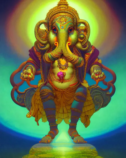 Image similar to psychedelic ganesh of the cosmos, coherent design, symmetrical, concept art, vivid color, complementary color, golden ratio, detailed, sharp lines, intricate, rainbowshift, by maxfield parrish, by peter mohrbacher, by gustave dore, by alphonse mucha, deviantart, octane render