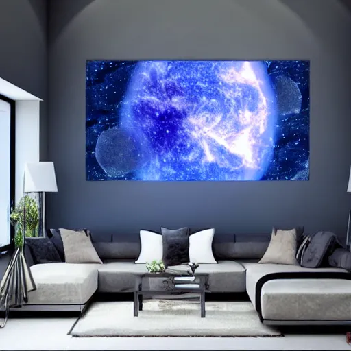 Image similar to modern futuristic home in space with view of planet and nebula galaxy background detailed airbrushed painting 4 k