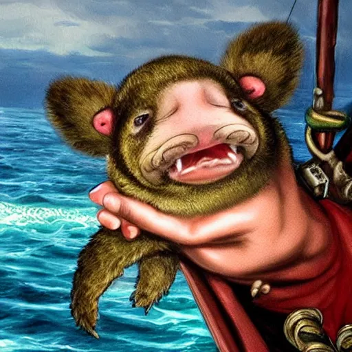 Prompt: incredibly fantastically stupendously exagerratedly fluffy incredibly tiny winged pygmy baby manatee platypus hybrid being cradled by a pirate captain the deck of his ship, realistic, fantasy, pet, adorable, national geographic