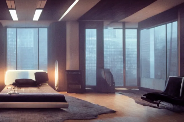 Image similar to a vintage photo of futuristic high tech apartment bedroom interior, by ridley Scott, octane rendering, moody lighting, in the style of blade runner