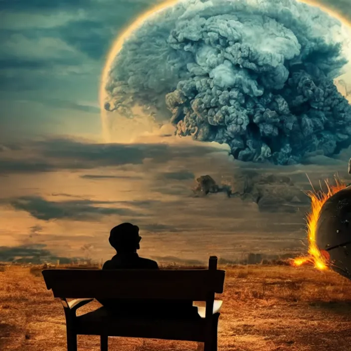 Image similar to cinematic movie, background blur bokeh, old man sitting in chair with black cat watching nuke explosion, world ending nuke, 4 k