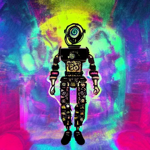 Image similar to mockup of a black tshirt with a hyperdetailed portrait of a steampunk robot on lsd, 8 k, symetrical, flourescent colors, trippy mood, multicolored,