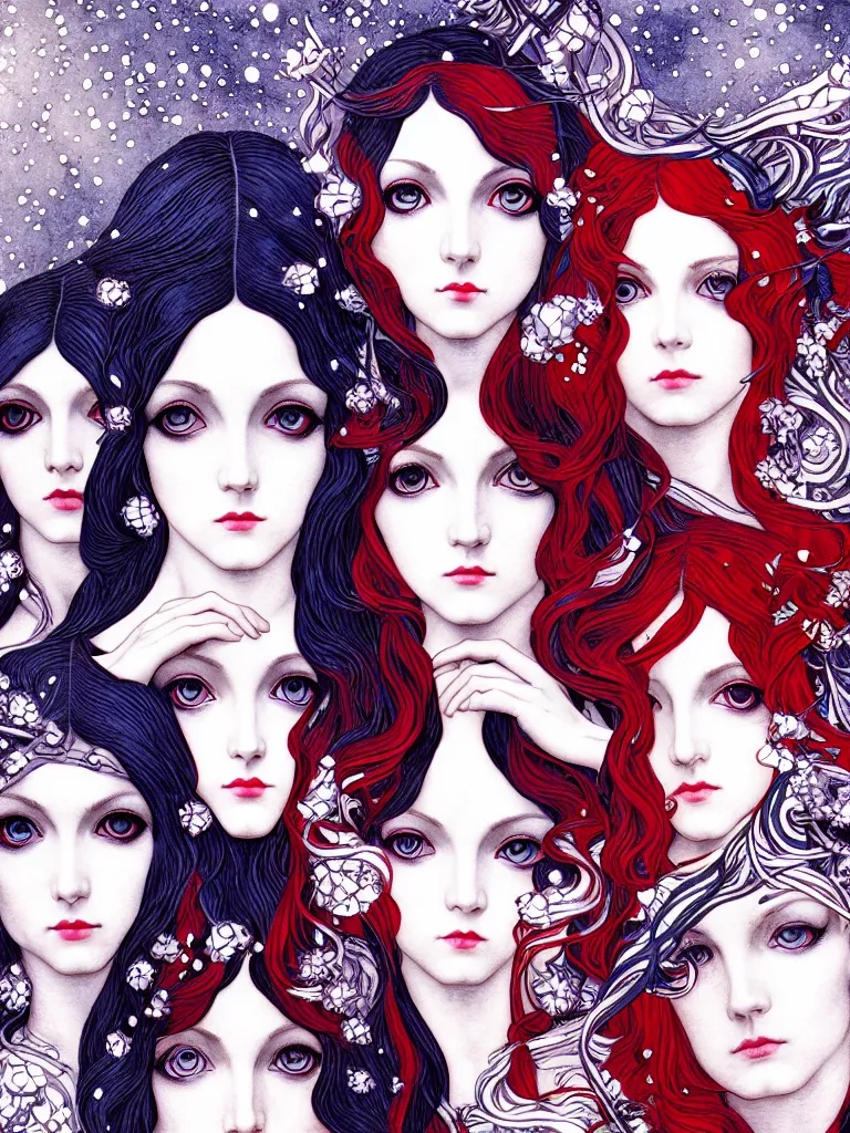 Image similar to triad of winter muses, style mix of æon flux, shepard fairey, botticelli, ivan bilibin, john singer sargent, pre - raphaelite, shoujo manga, harajuku fashion, dormant nature, snow, ice, stark colors, superfine inking, ethereal, 4 k photorealistic, arnold render