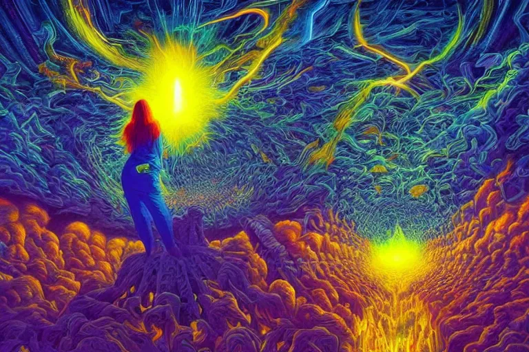 Prompt: massive large human figure in center of psychdelic city blaze of glory supernova dreamworld in the underworld, surrealist and abstract digital art trending on artstation by artist Rob Gonsalves and Mark Riddick supreme peace immense knowledge black neon yellow bright blue electric lime gold dmt art