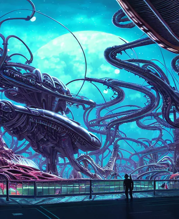 Prompt: an amusement park made out of alien creatures, biological forms, internal organs, in the style of an asymmetrical spaceship, apocalyptic environment, by dan mumford, yusuke murata, makoto shinkai, ross tran, cinematic, unreal engine, cel shaded, featured on artstation, pixiv
